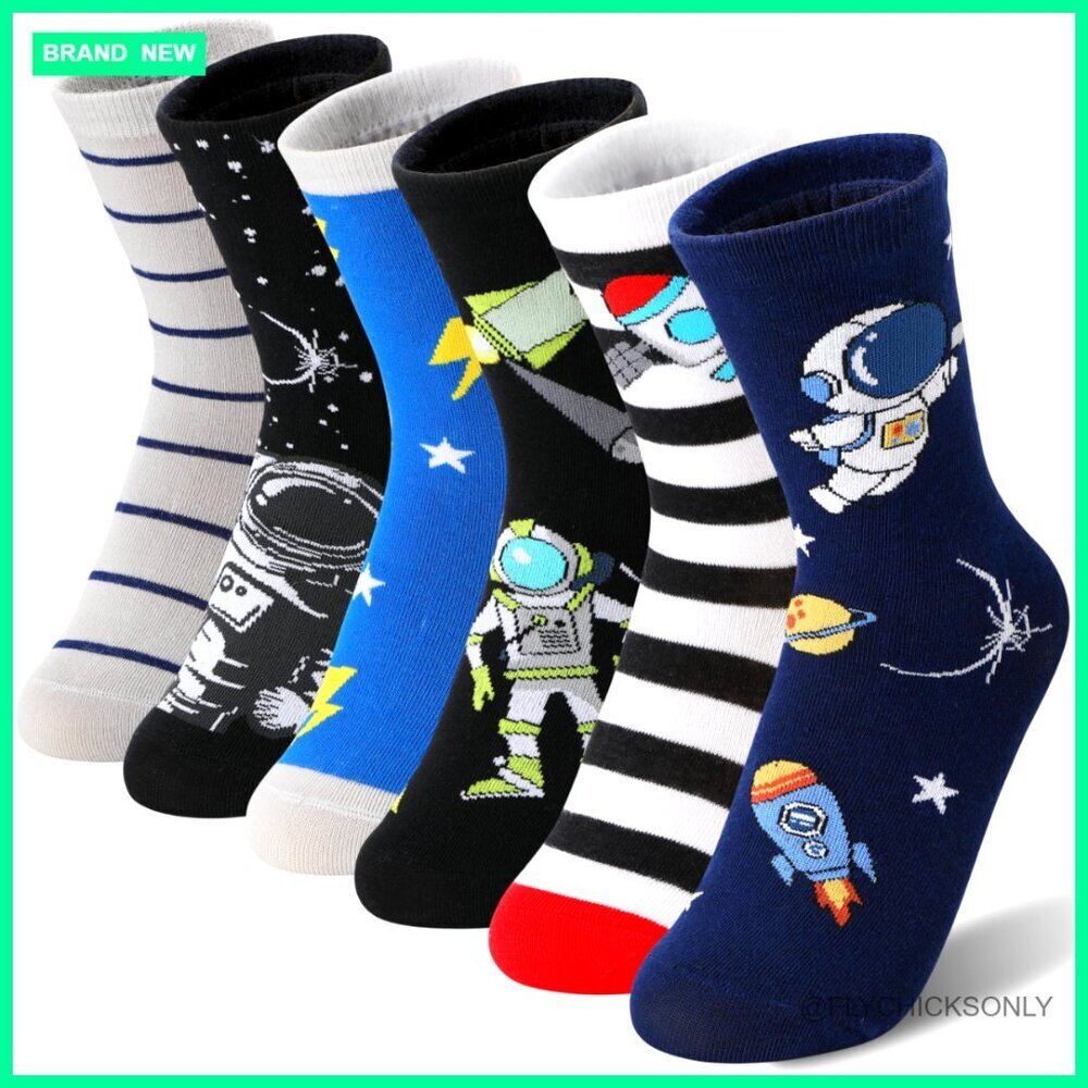Boys Cotton Crew Socks 6-Pack Novelty Space Trucks Star Patterns Kids